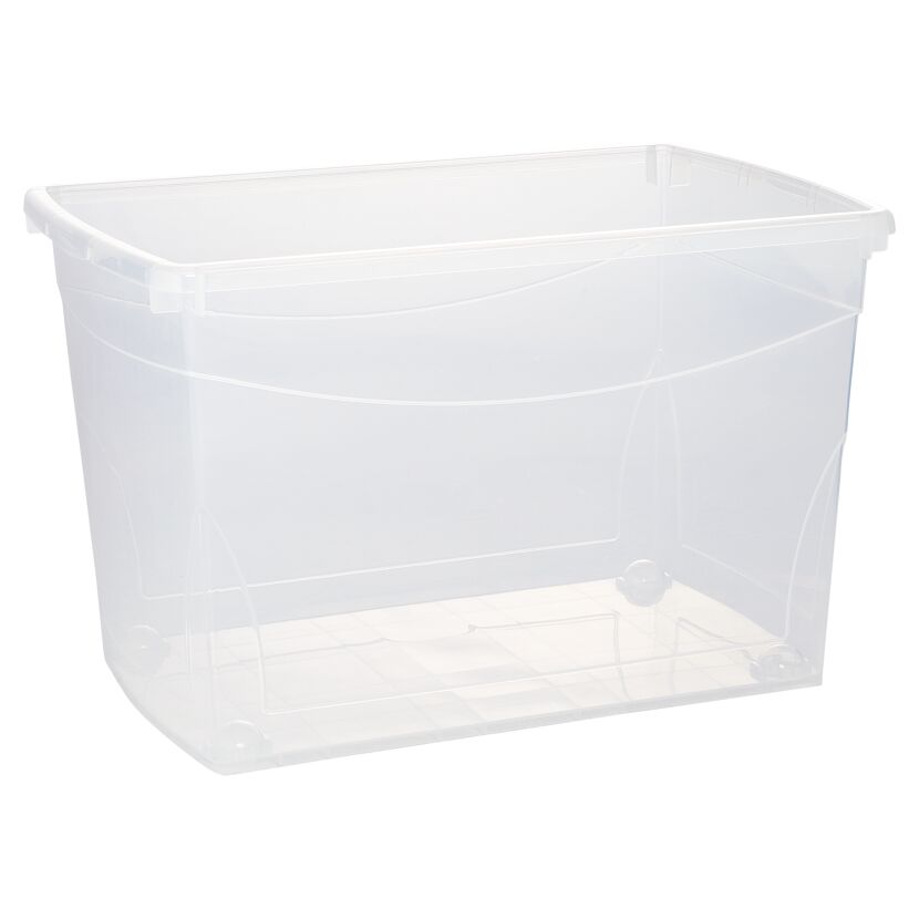 Leere transparente Aufbewahrungsbox mit Rollen
