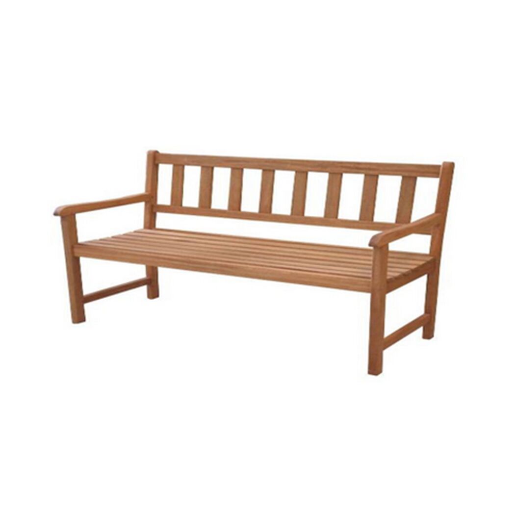 Gartenbank aus Holz mit Armlehnen.