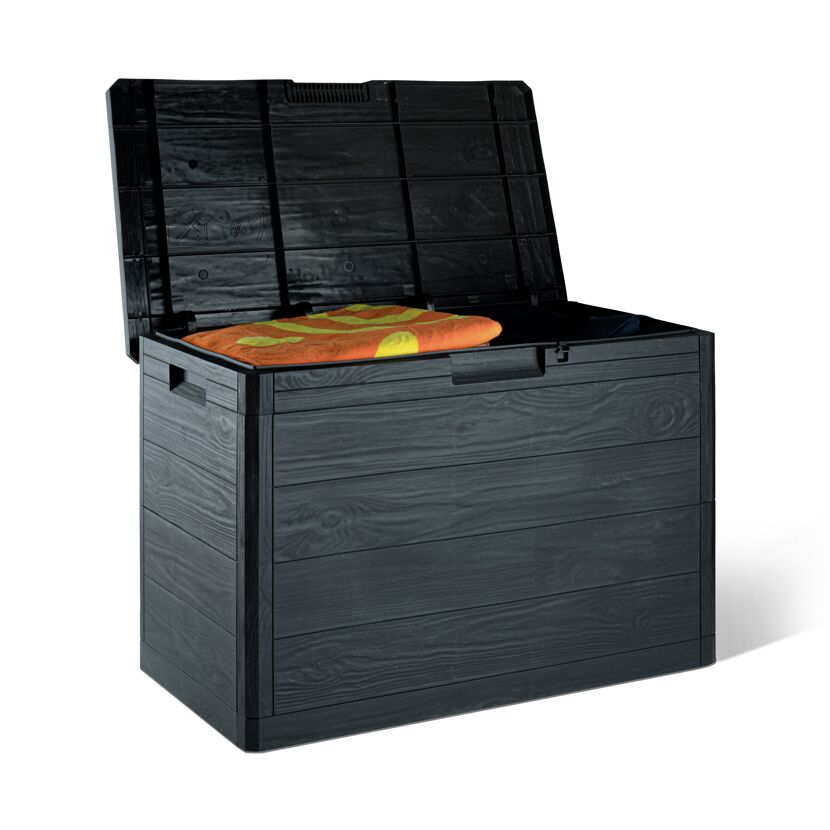 Schwarze Kissenbox Woodys 160l, geöffnet