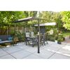 Schwarze Pergola mit Esstisch und Stühlen darunter