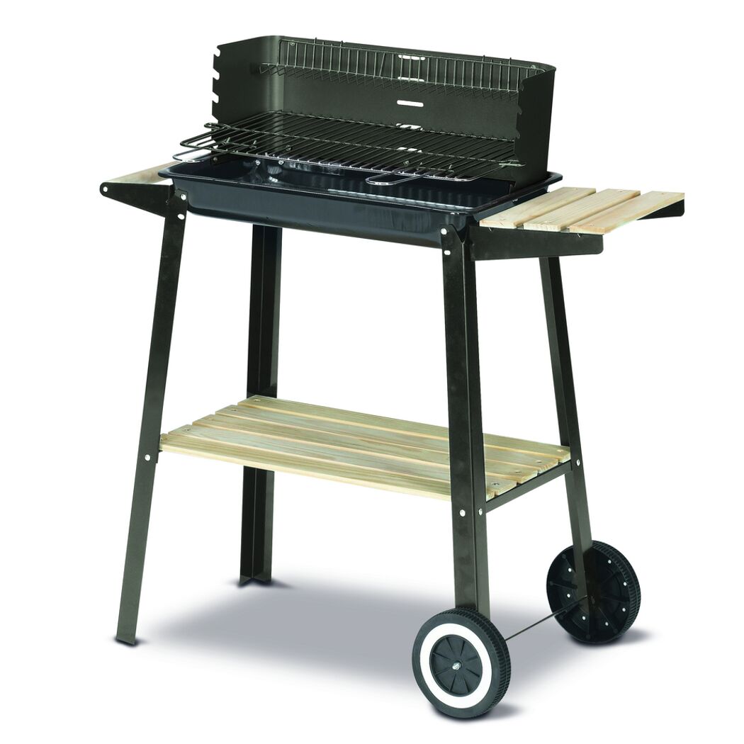 Fahrbarer Grillwagen mit Holzelementen.