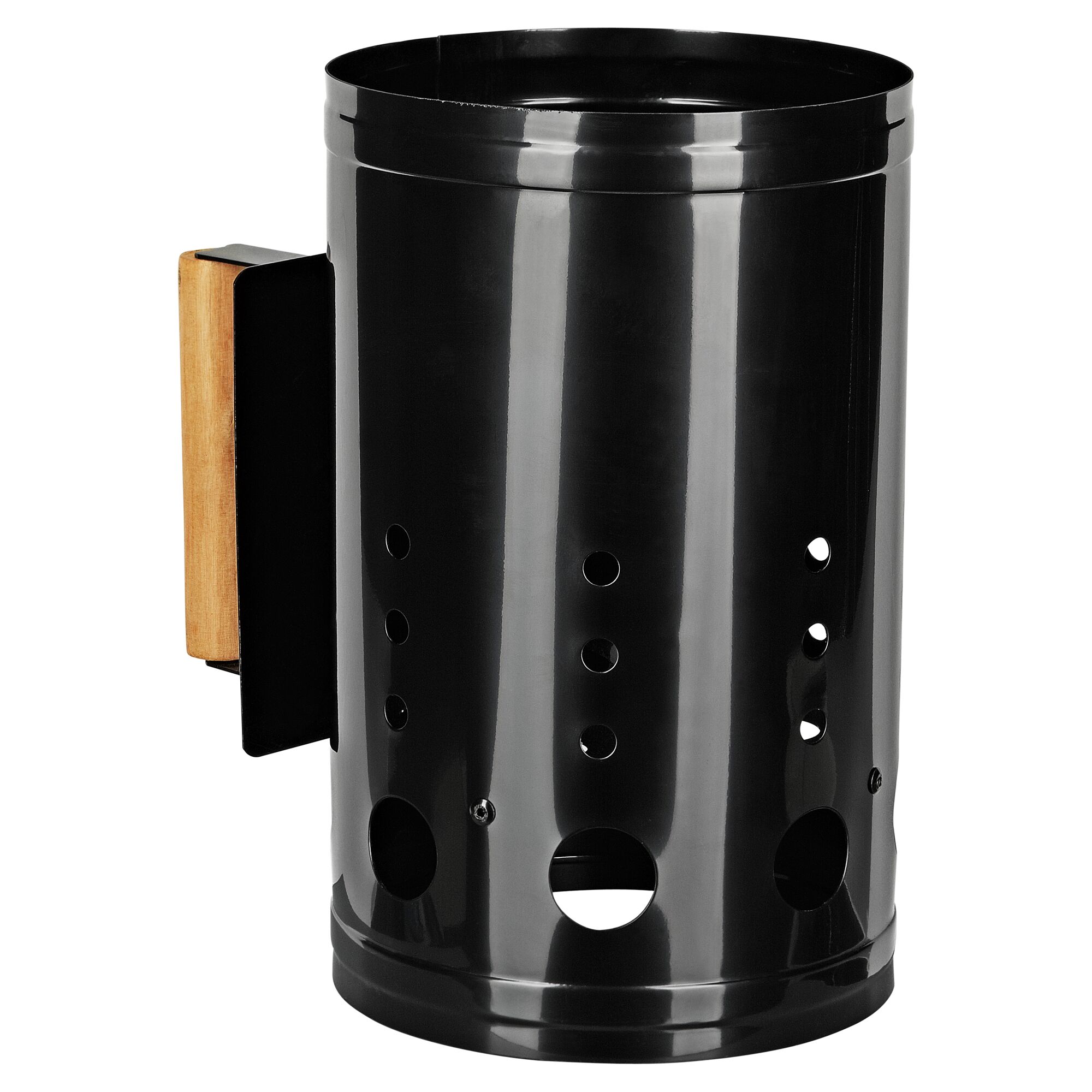 Schwarzer Anzündkamin mit Holzgriff.