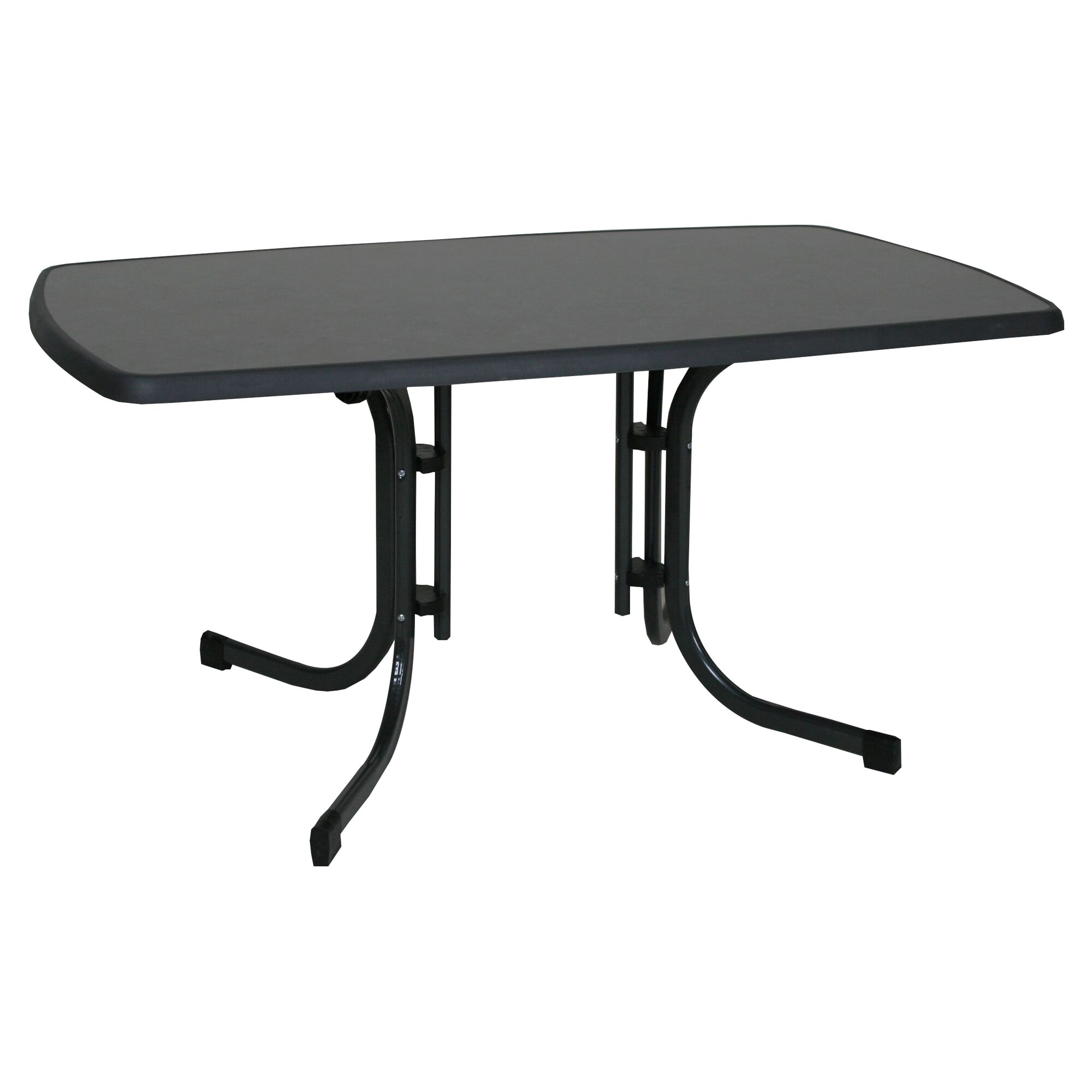 Anthrazitfarbener Klapptisch mit rechteckiger Platte.