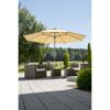 Sonnenschirm mit Gartenmöbeln auf einer Terrasse