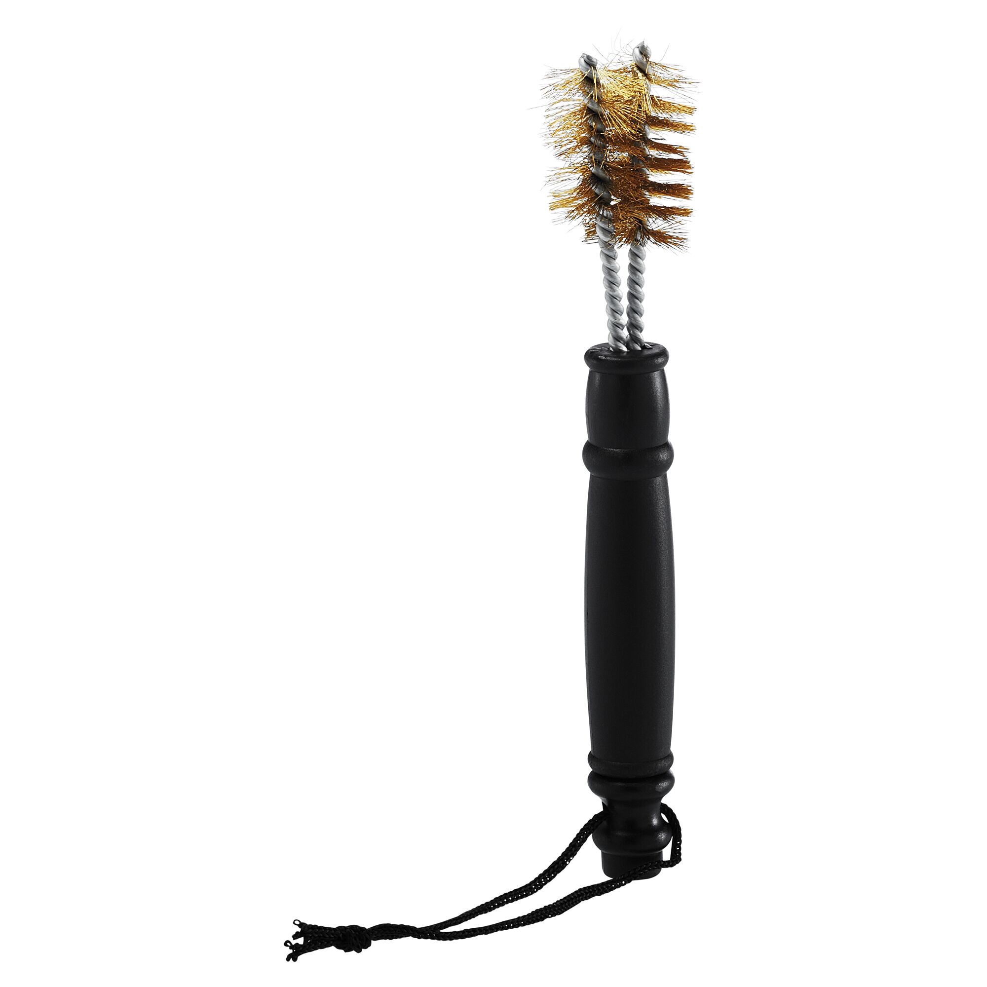 Grillbürste mit schwarzem Griff und Drahtschlaufen.