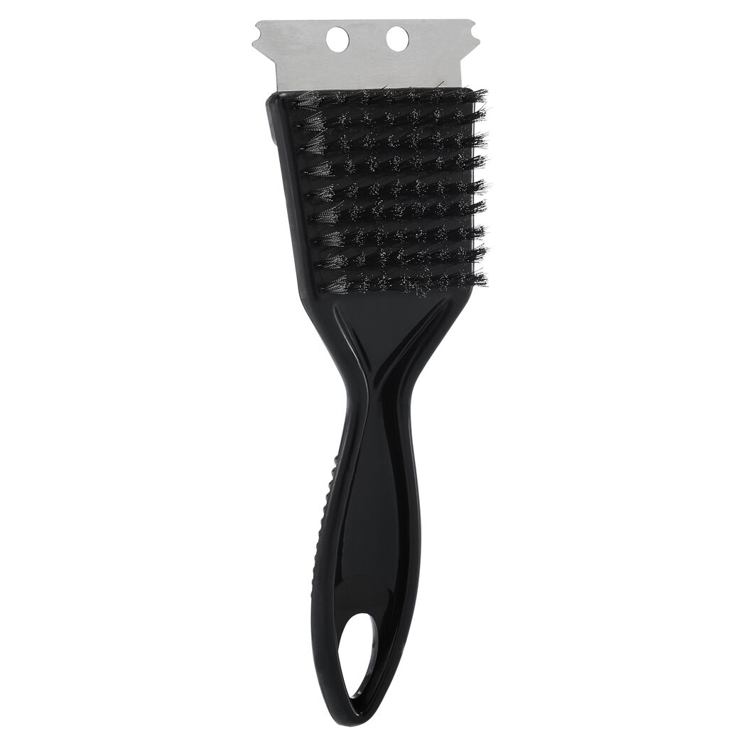 Schwarze Grillbürste mit Metallschaber.