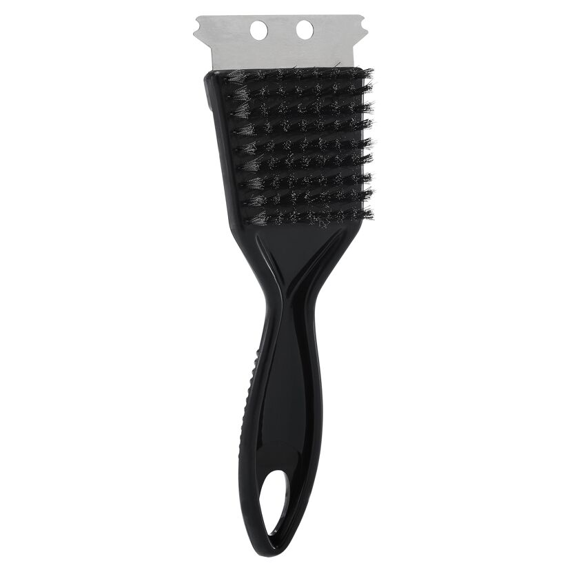 Schwarze Grillbürste mit Metallschaber.