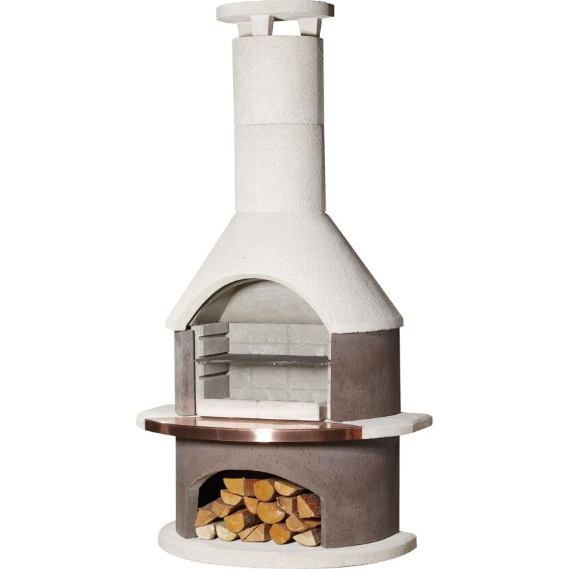 Rondo Gartenkamin weiß-braun mit Holzscheiten