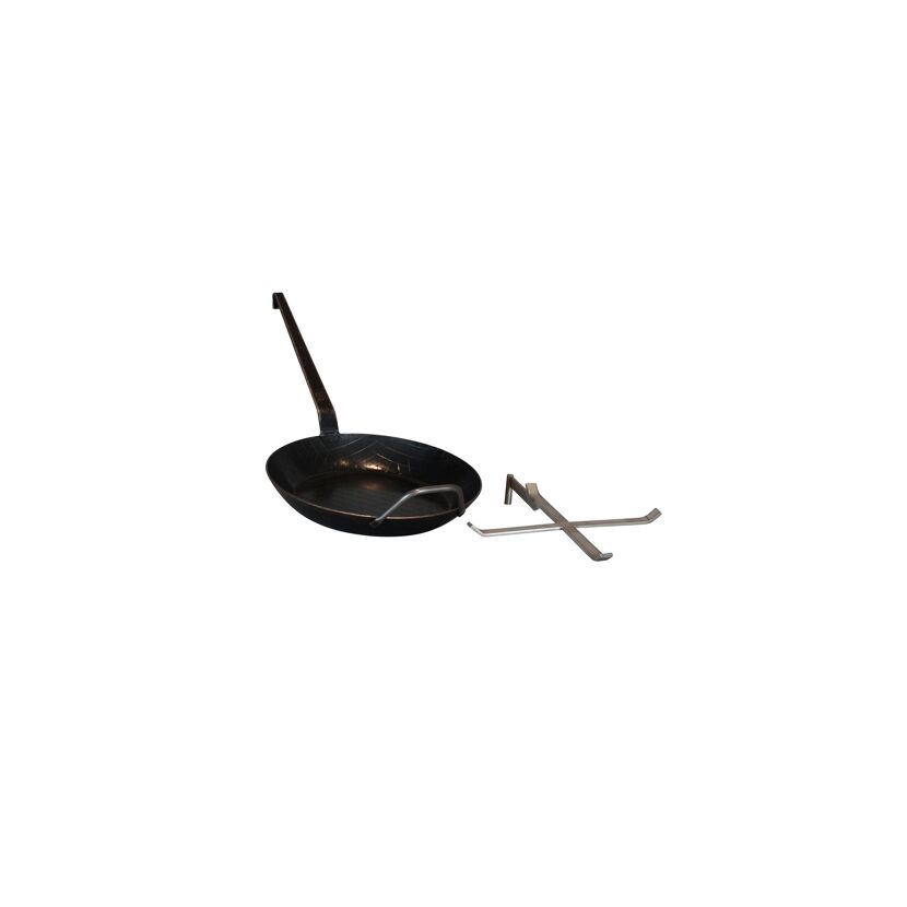 Schwarze Gusspfanne mit langem Stiel und Halterung