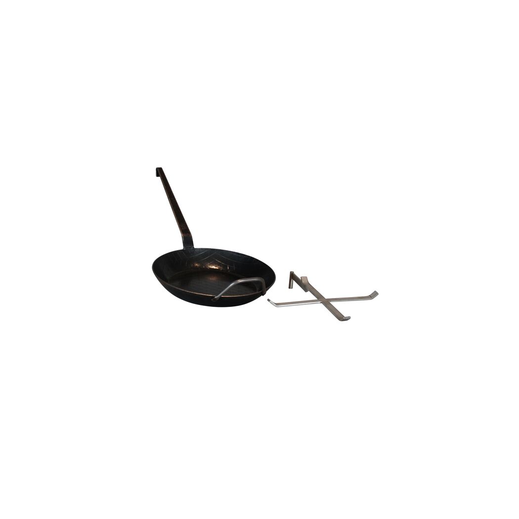 Schwarze Gusspfanne mit langem Stiel und Halterung
