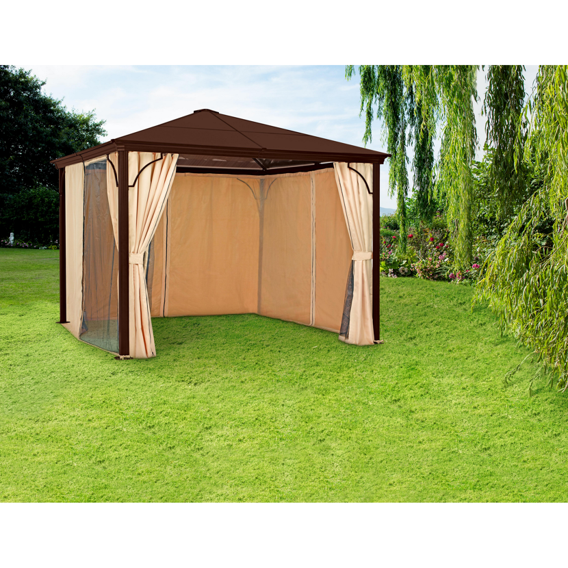 Pavillon mit beigen Vorhängen und braunem Metallrahmen