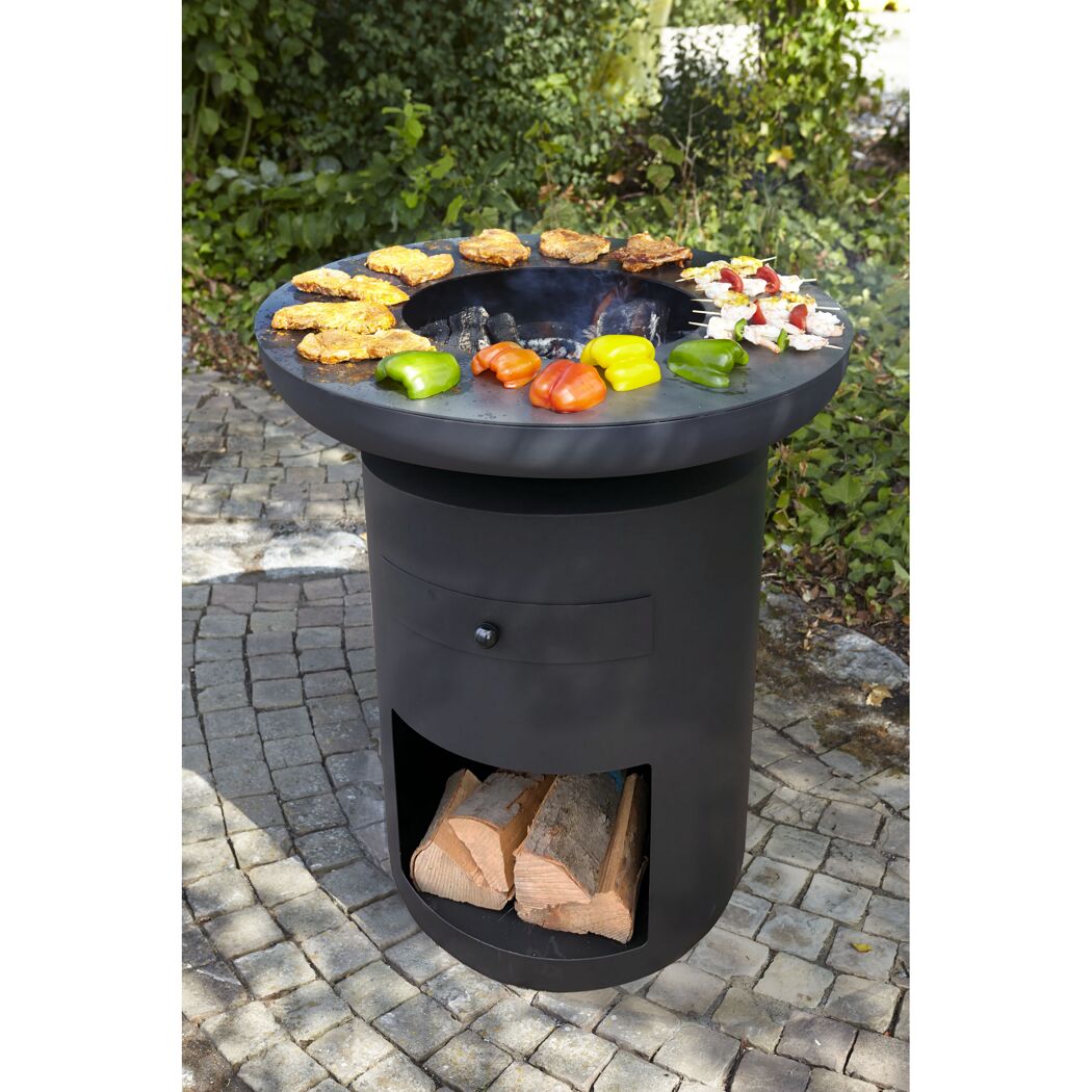 Feuerschale Sioux mit Grillgut und Holz
