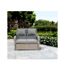 Graues Rattansofa mit zwei Kissen im Garten