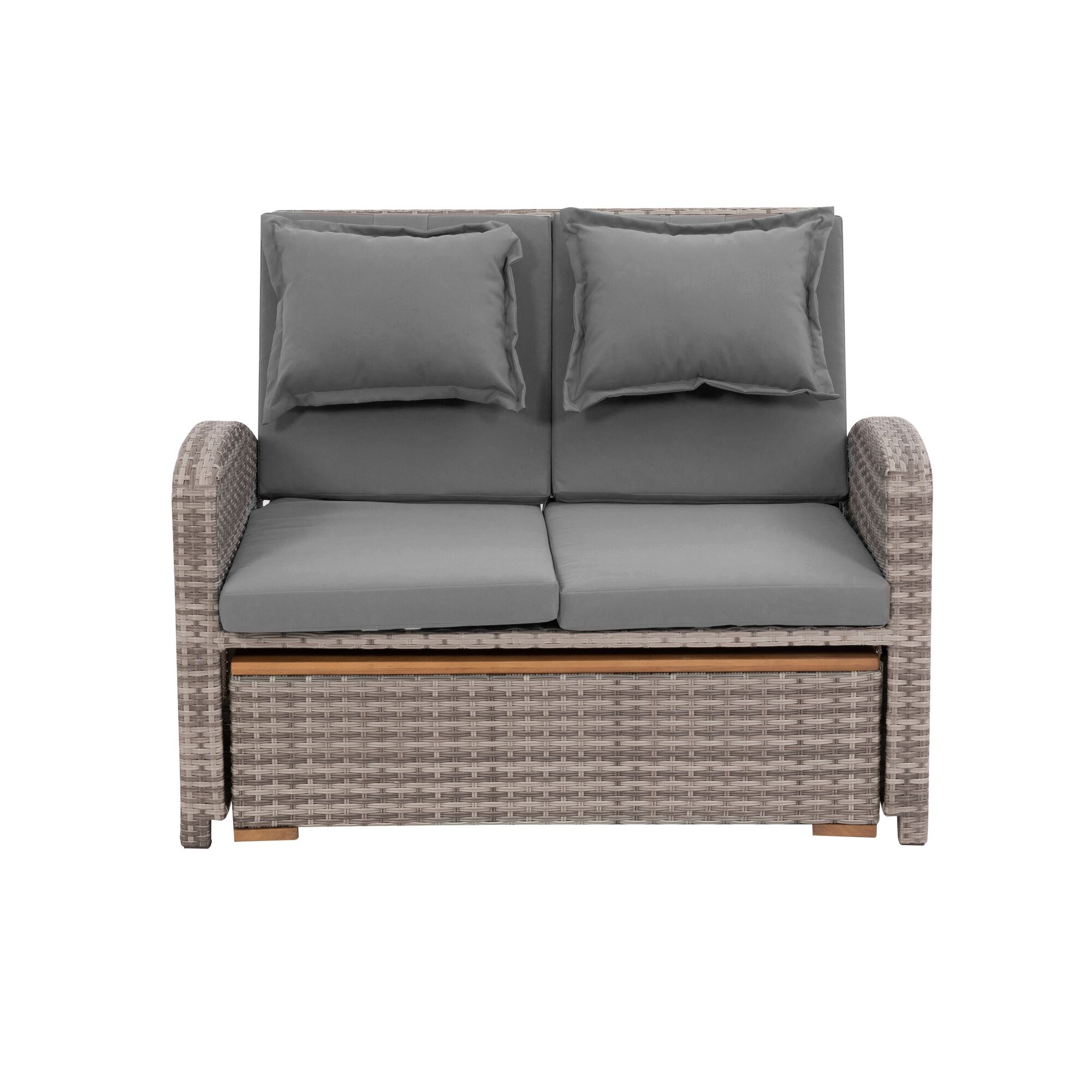 Graues Rattan-Sofa mit zwei Kissen