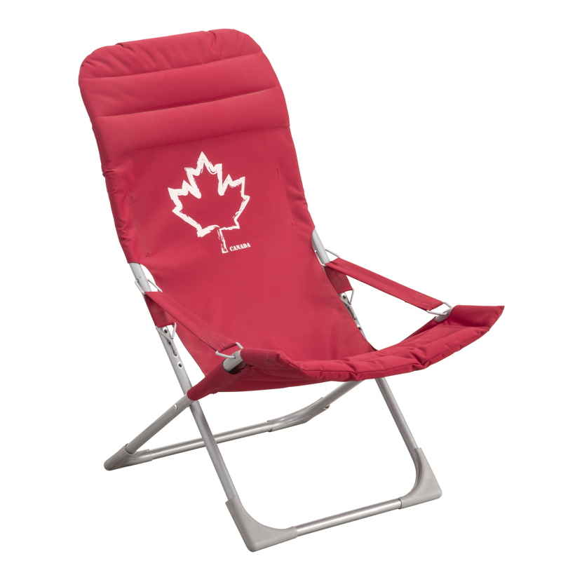 roter, niedriger Campingstuhl mit Ahornblatt und "Canada"-Schriftzug