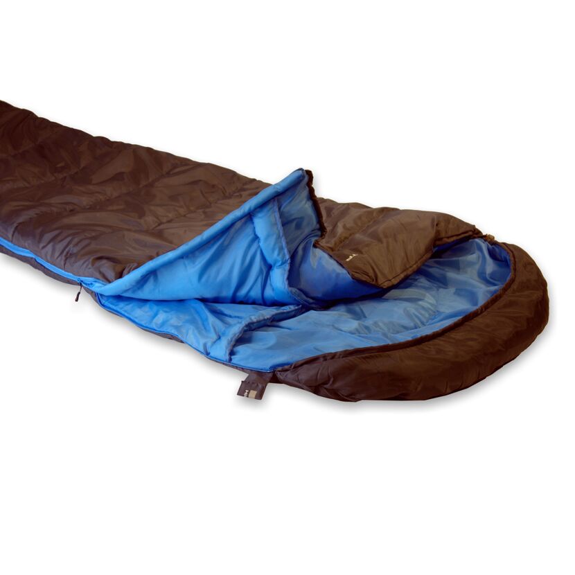 Blau-brauner Schlafsack, teilweise geöffnet.