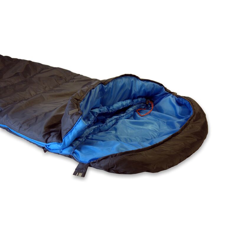 Blau-schwarzer Schlafsack, geöffnet