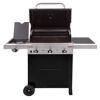 Gasgrill mit drei Brennern und geöffnetem Deckel.