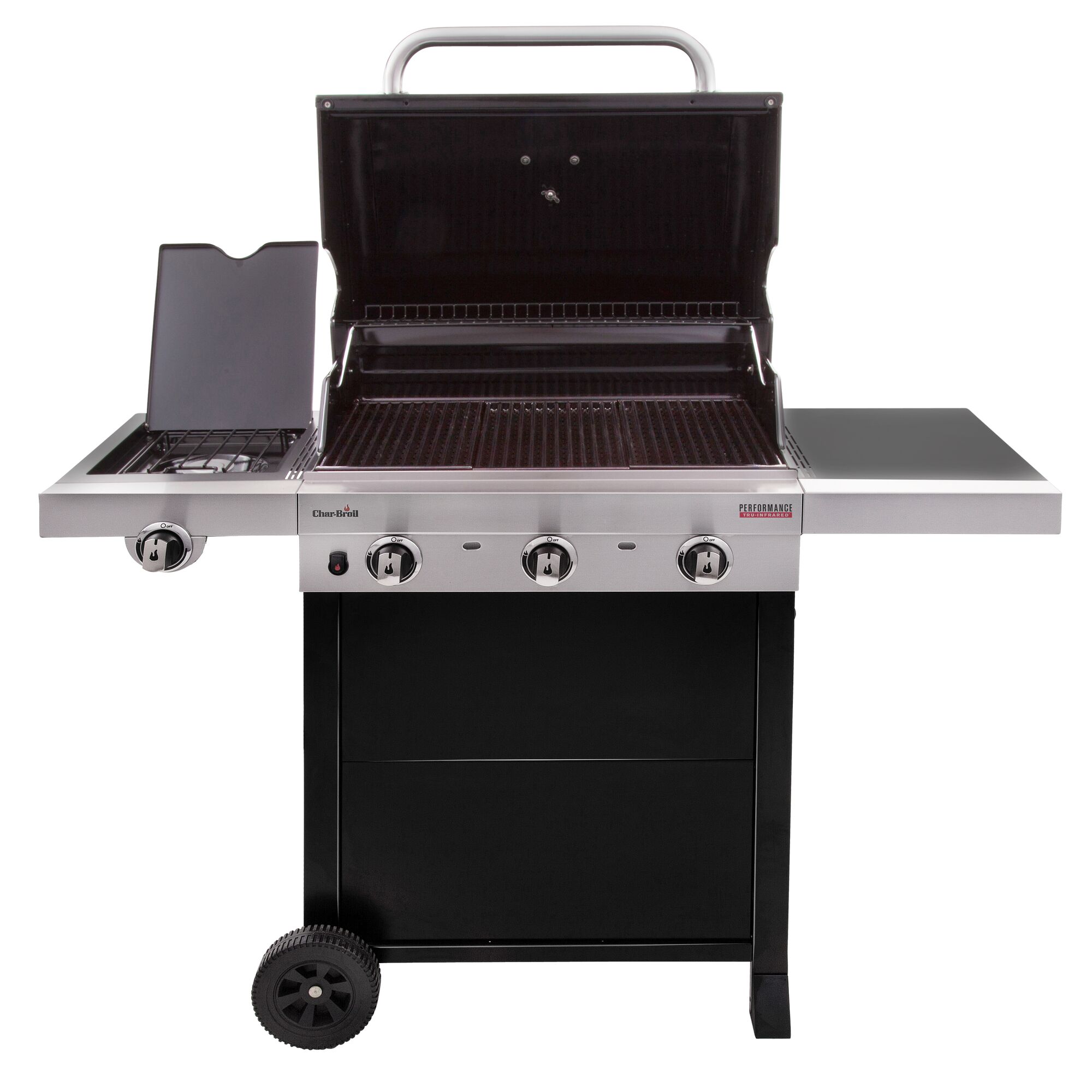 Gasgrill mit drei Brennern und geöffnetem Deckel.