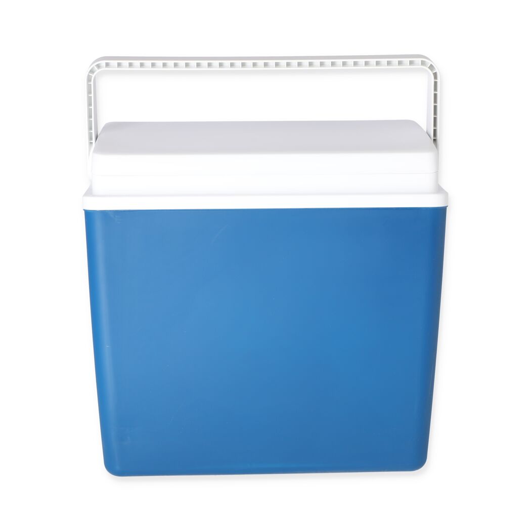 Blaue Kühlbox mit weißem Deckel und Griff