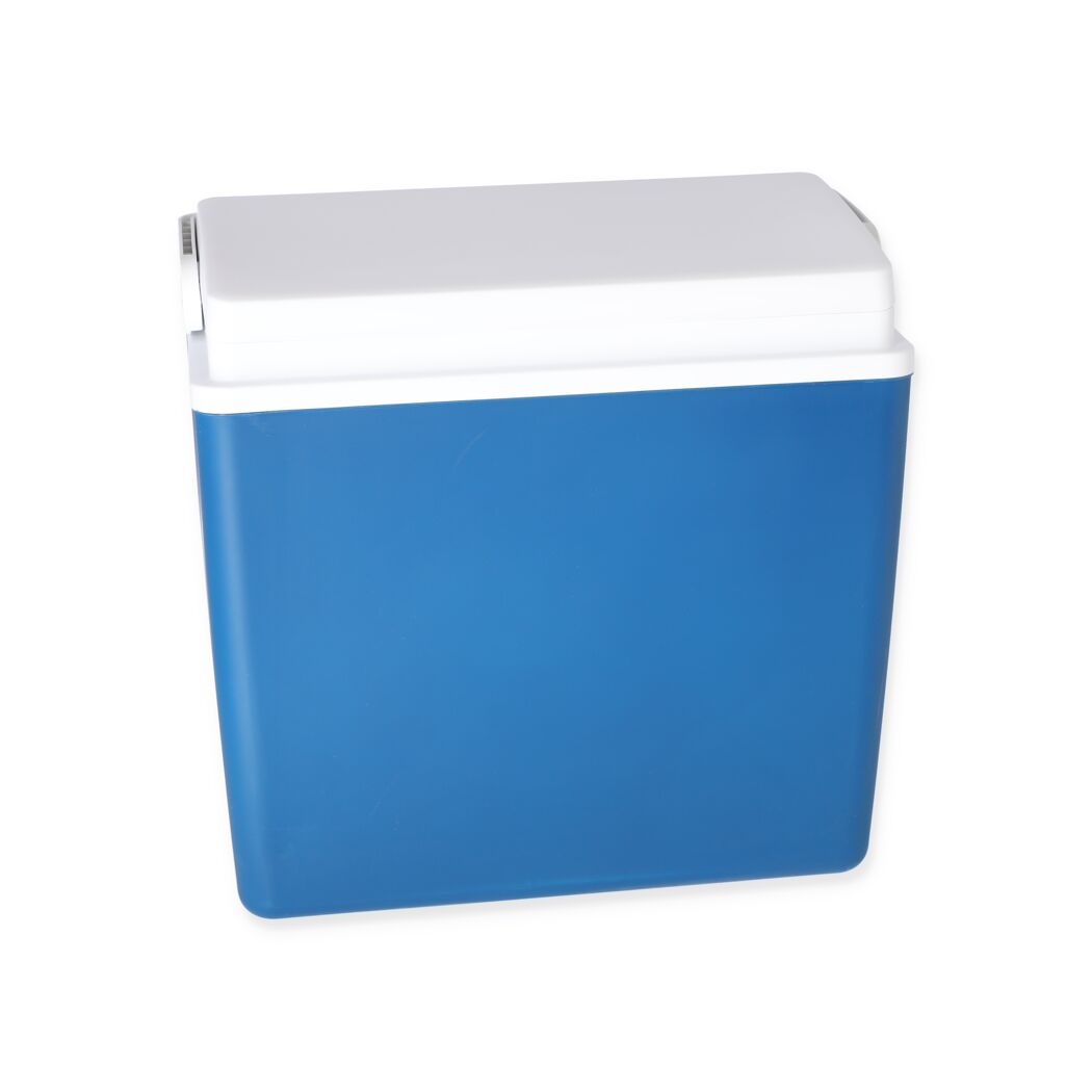Blaue Kühlbox mit weißem Deckel.