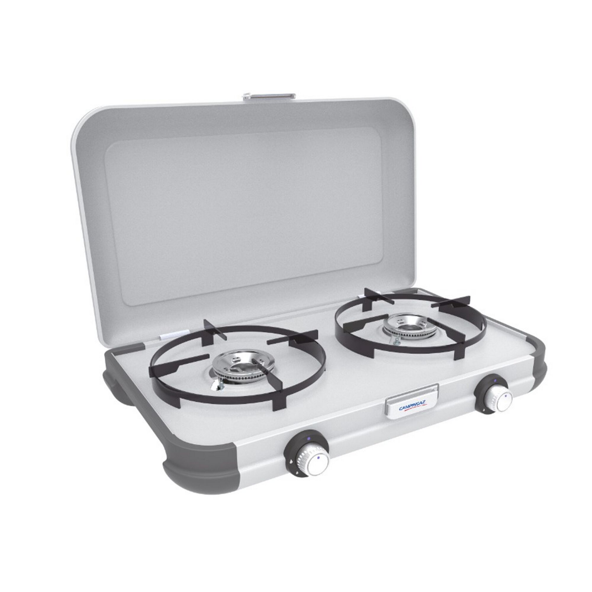 Tragbarer Campingkocher mit zwei Brennern und geschlossenem Deckel.