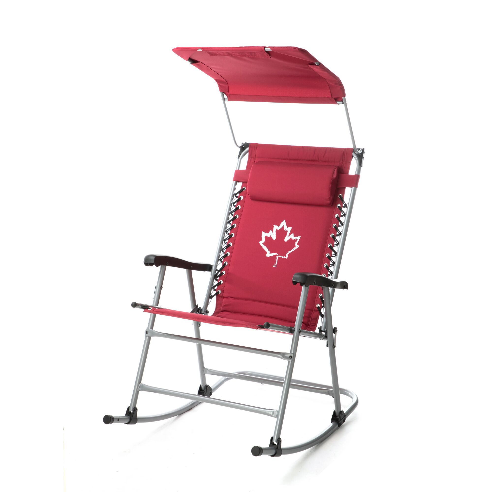 roter Schaukelstuhl mit Sonnendach und Ahornblatt