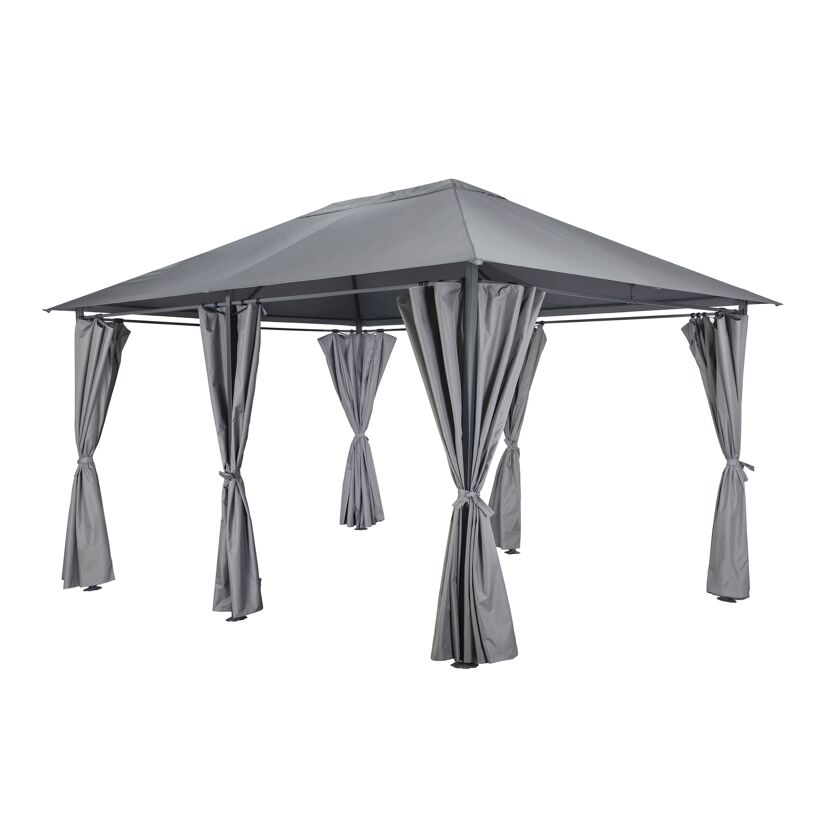 Grauer Pavillon mit Vorhängen