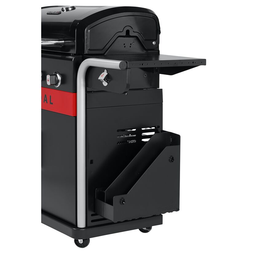 Schwarzer Gasgrill von Char-Broil mit Ablage und Flaschenöffner.