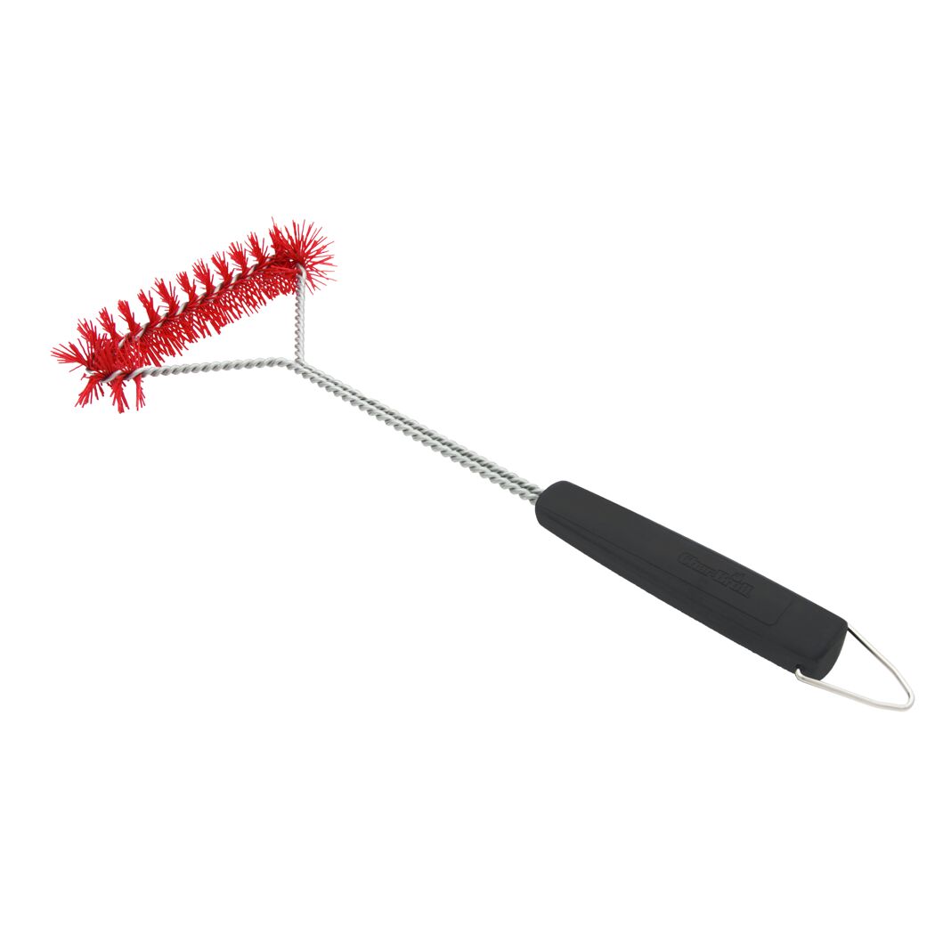 Grillbürste mit schwarzem Griff und roten Borsten