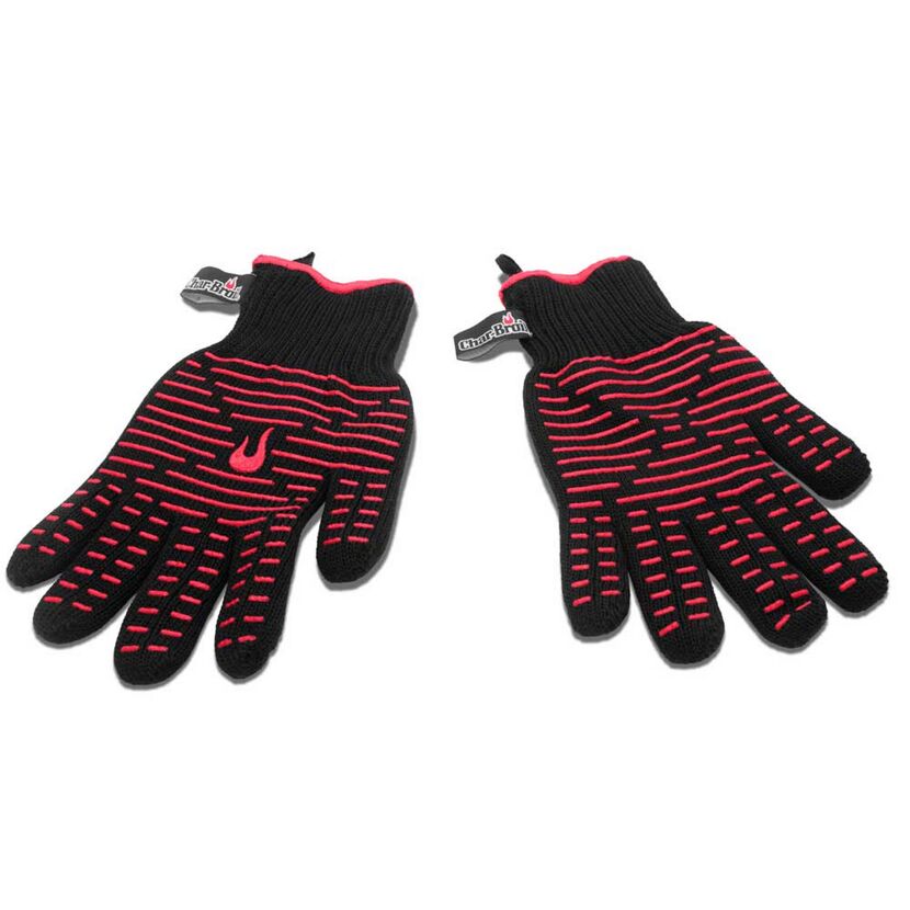 Ein Paar schwarze Grillhandschuhe mit roten Akzenten.