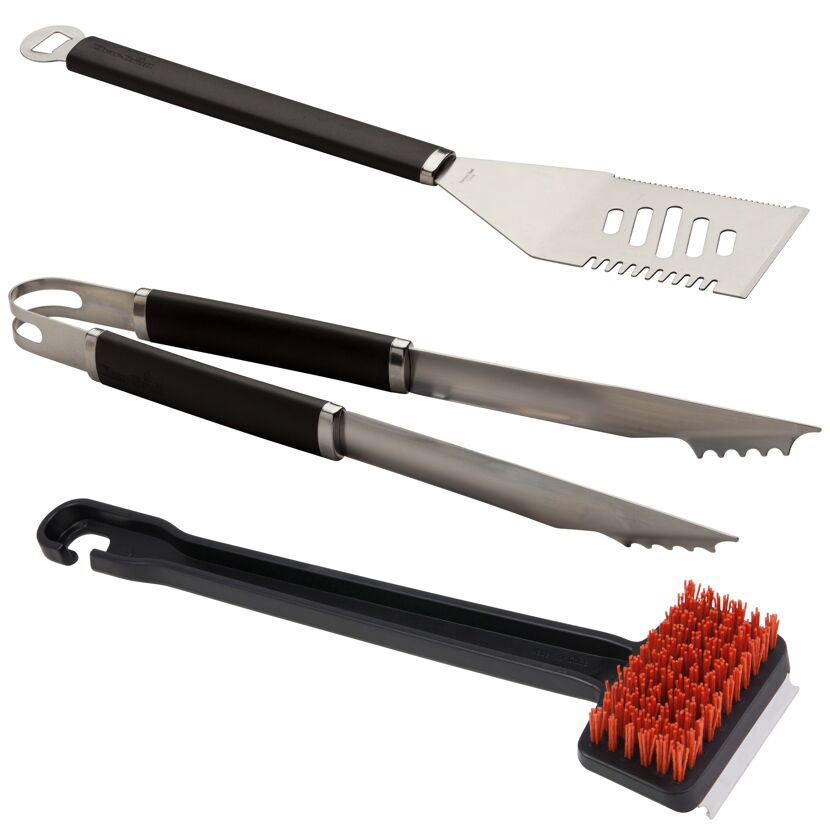 Grillbesteck 3-teilig: Pfannenwender, Grillzange, Grillbürste