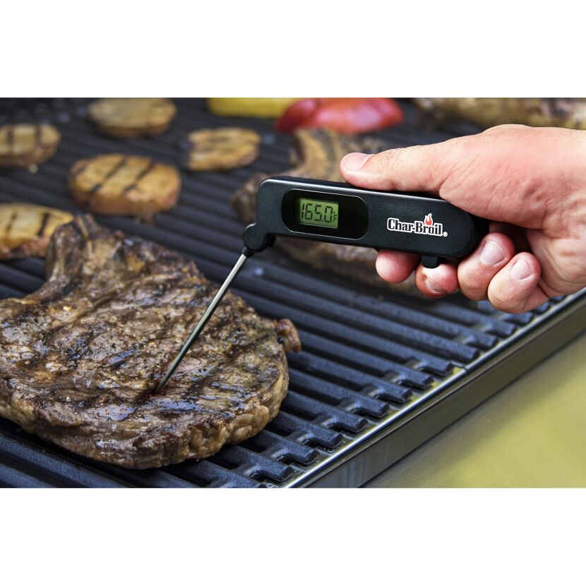 Person misst Temperatur von Steak mit Thermometer