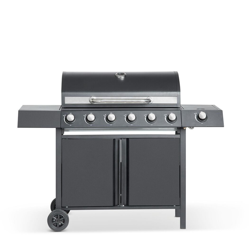 Schwarzer Gasgrill mit sechs Brennern.
