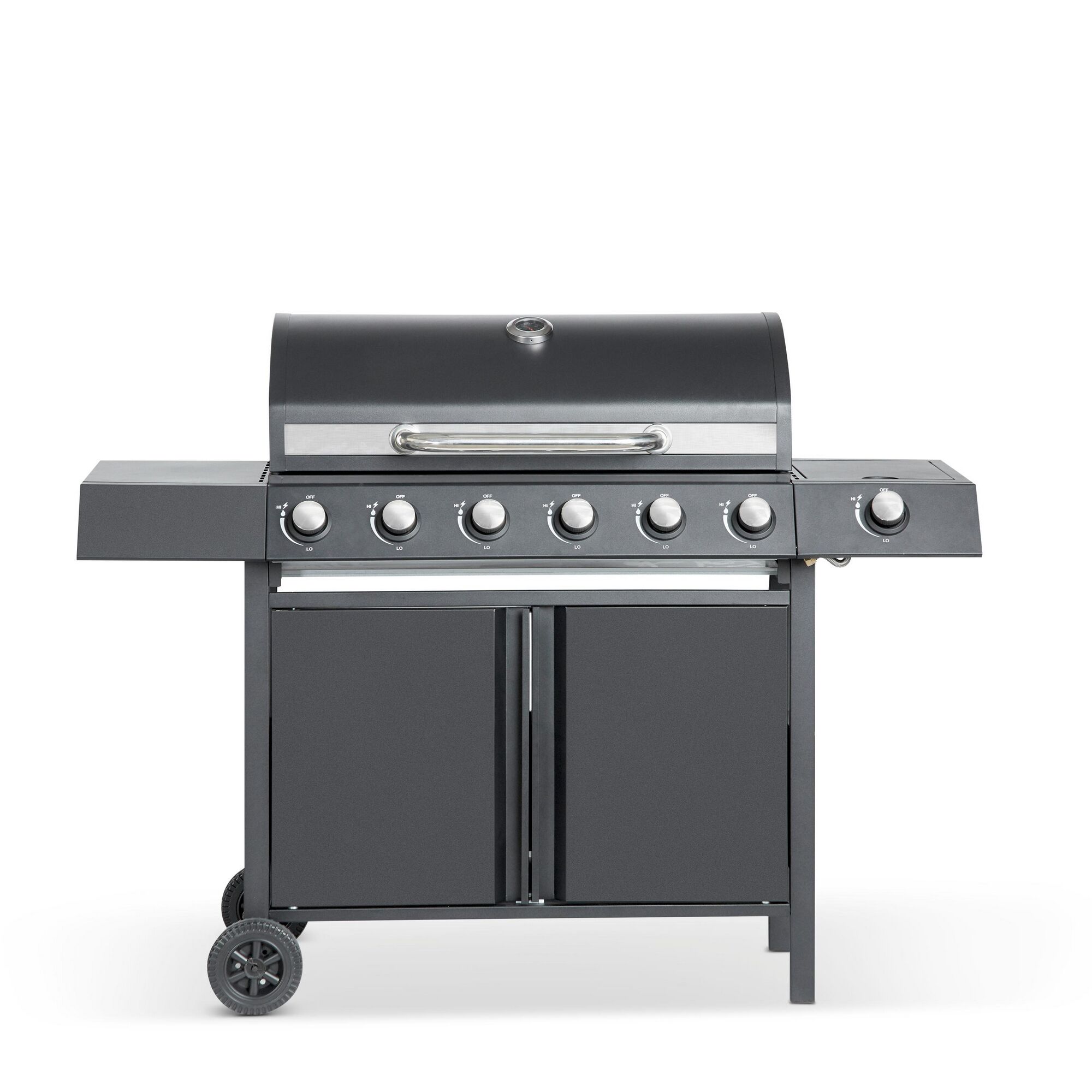 Schwarzer Gasgrill mit sechs Brennern.