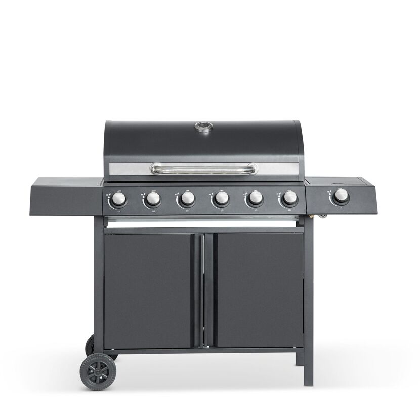 Schwarzer Gasgrill mit sechs Brennern.