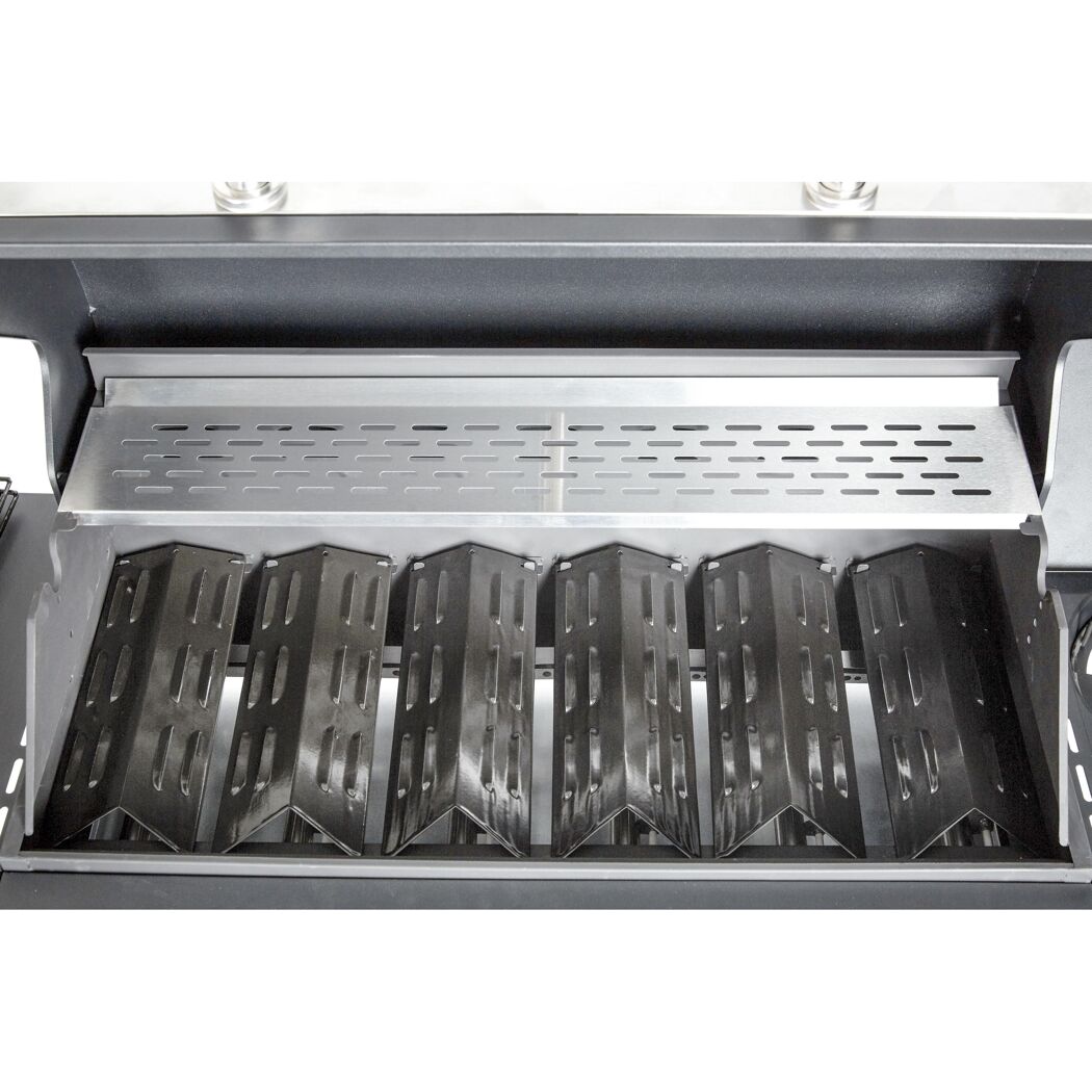 Innenansicht eines Gasgrills mit sechs Brennern.
