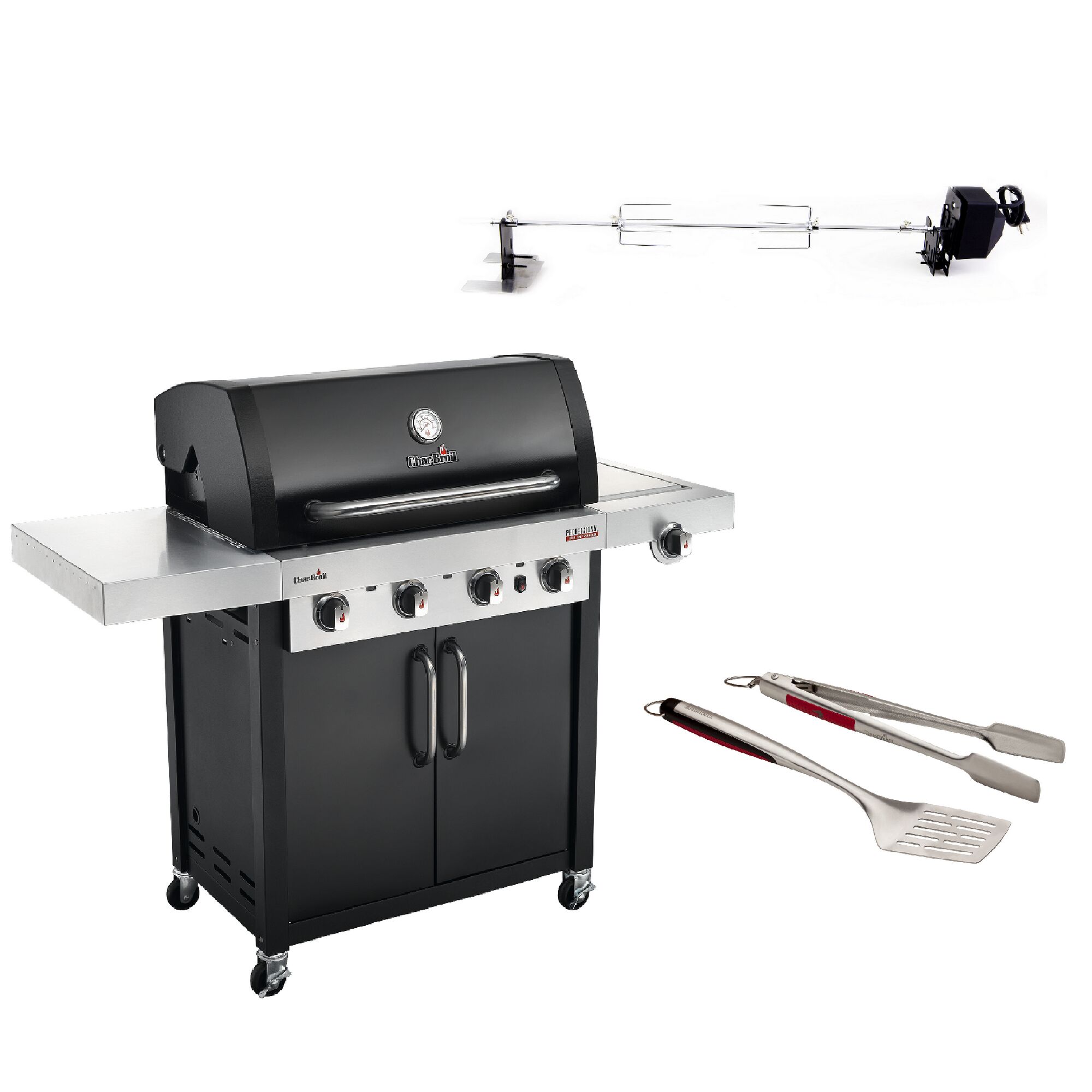 Gasgrill mit Drehspieß und Grillbesteck
