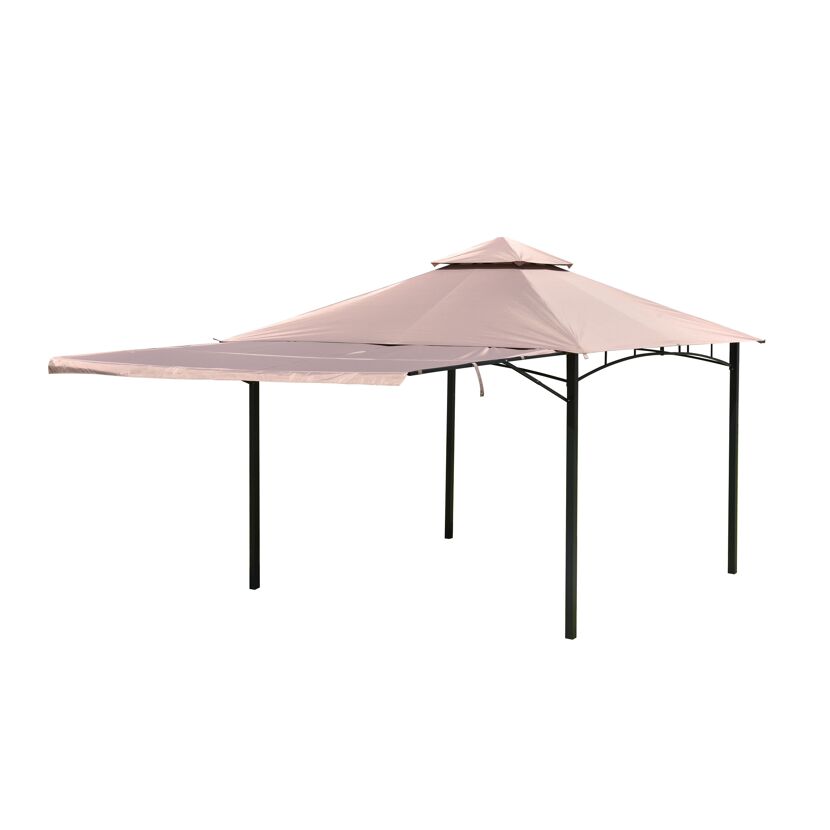 Beigefarbener Pavillon mit einem Seitenteil.