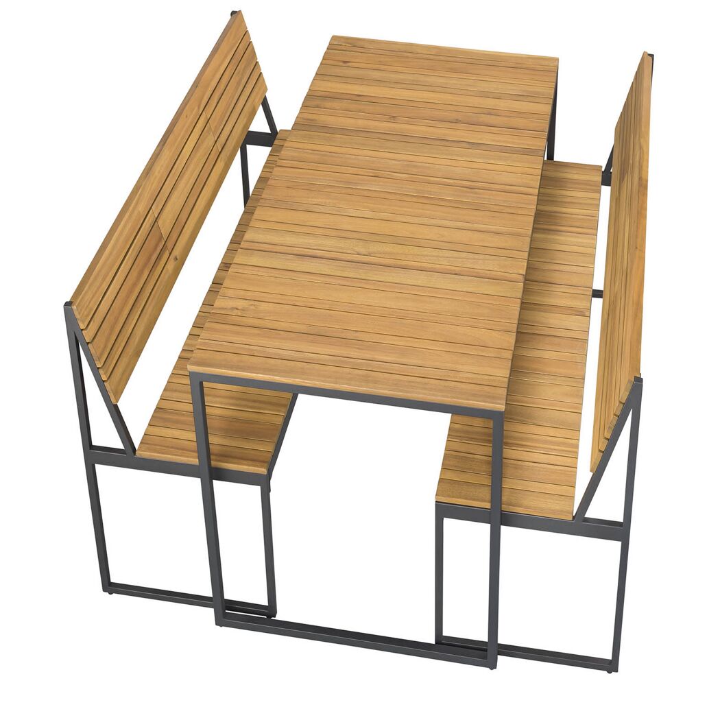 Holztisch mit zwei Bänken, von oben