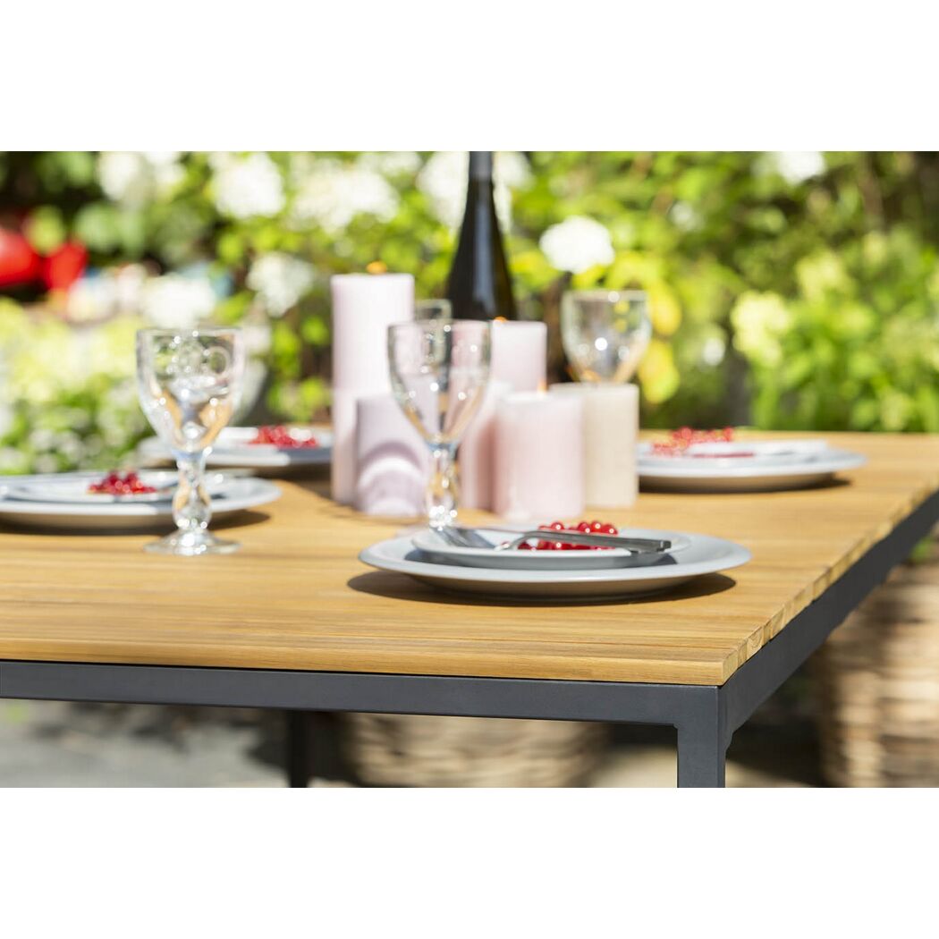 Gedeckter Gartentisch mit Geschirr, Gläsern und Kerzen.