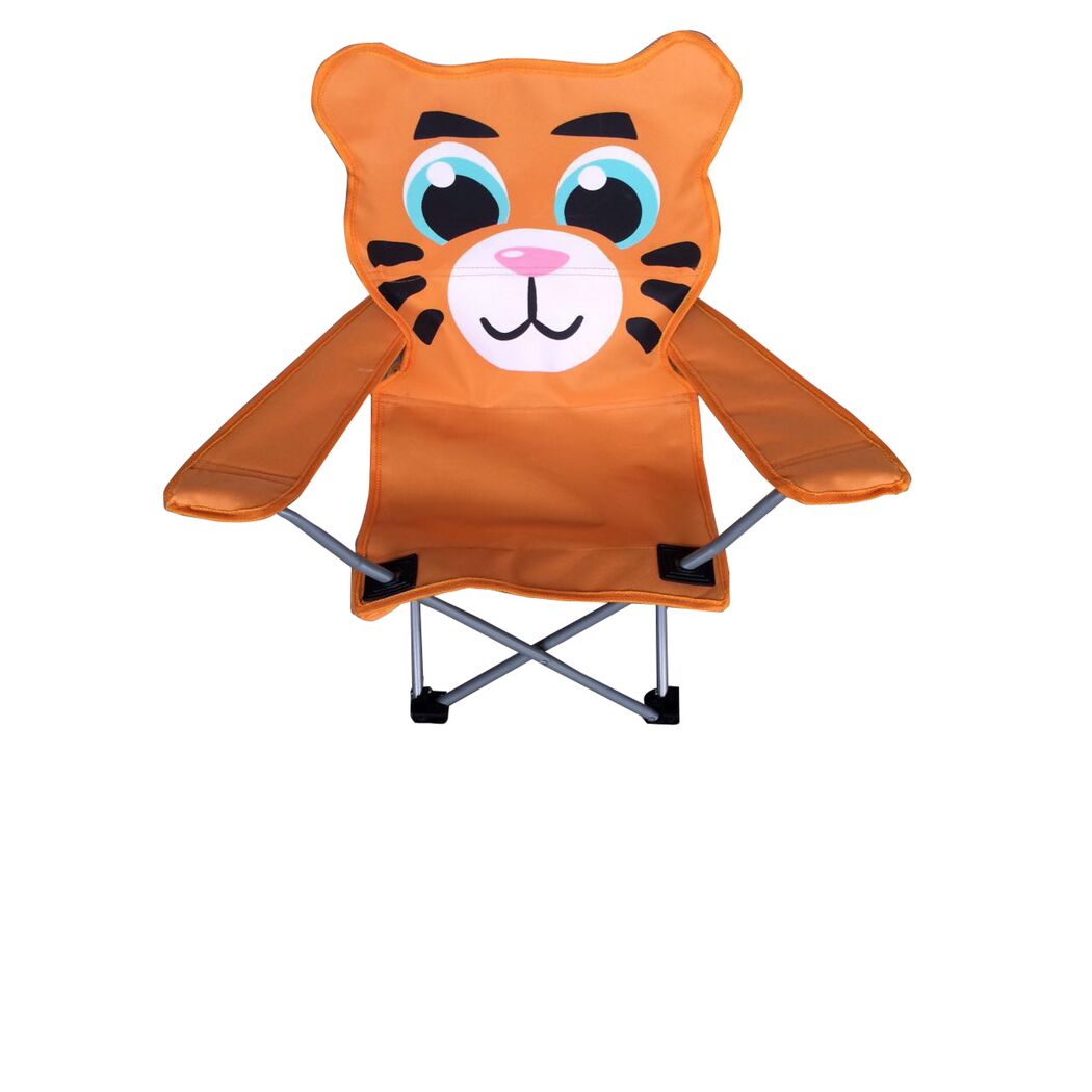 Orangefarbener Kinder-Campingstuhl mit Tigergesicht.