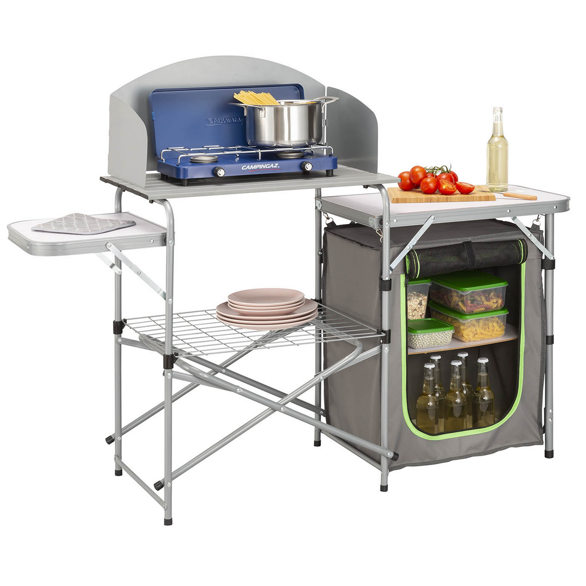 Camping-Küchenschrank grau 147 x 110 x 48 cm, mit Grilltisch + product picture