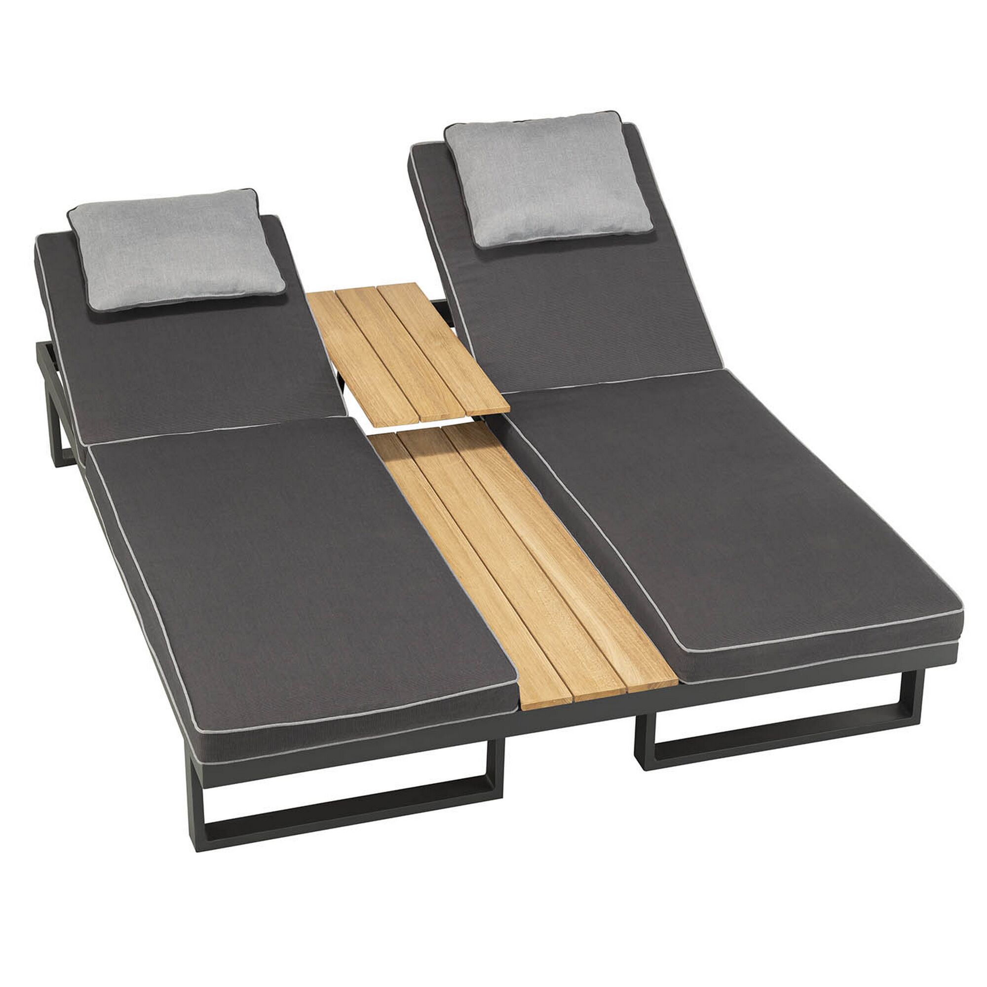 Doppelliege mit grauen Auflagen und Mitteltisch