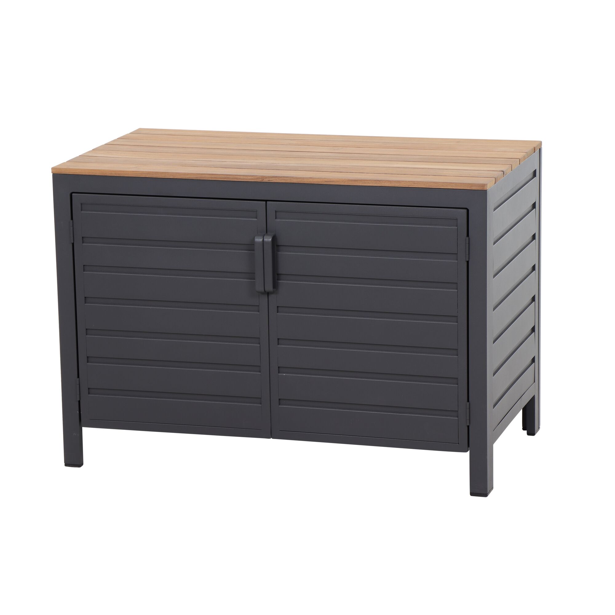 Grauer Gartenschrank Sierra mit zweiflügeliger Tür und Holzplatte
