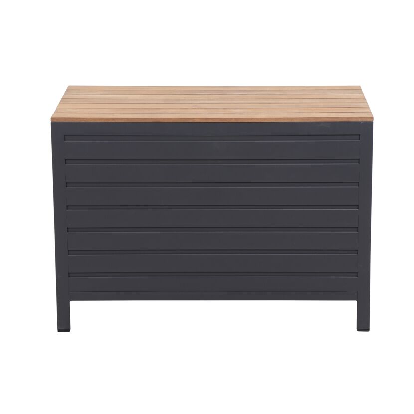Graue Gartenbox mit Holzdeckel