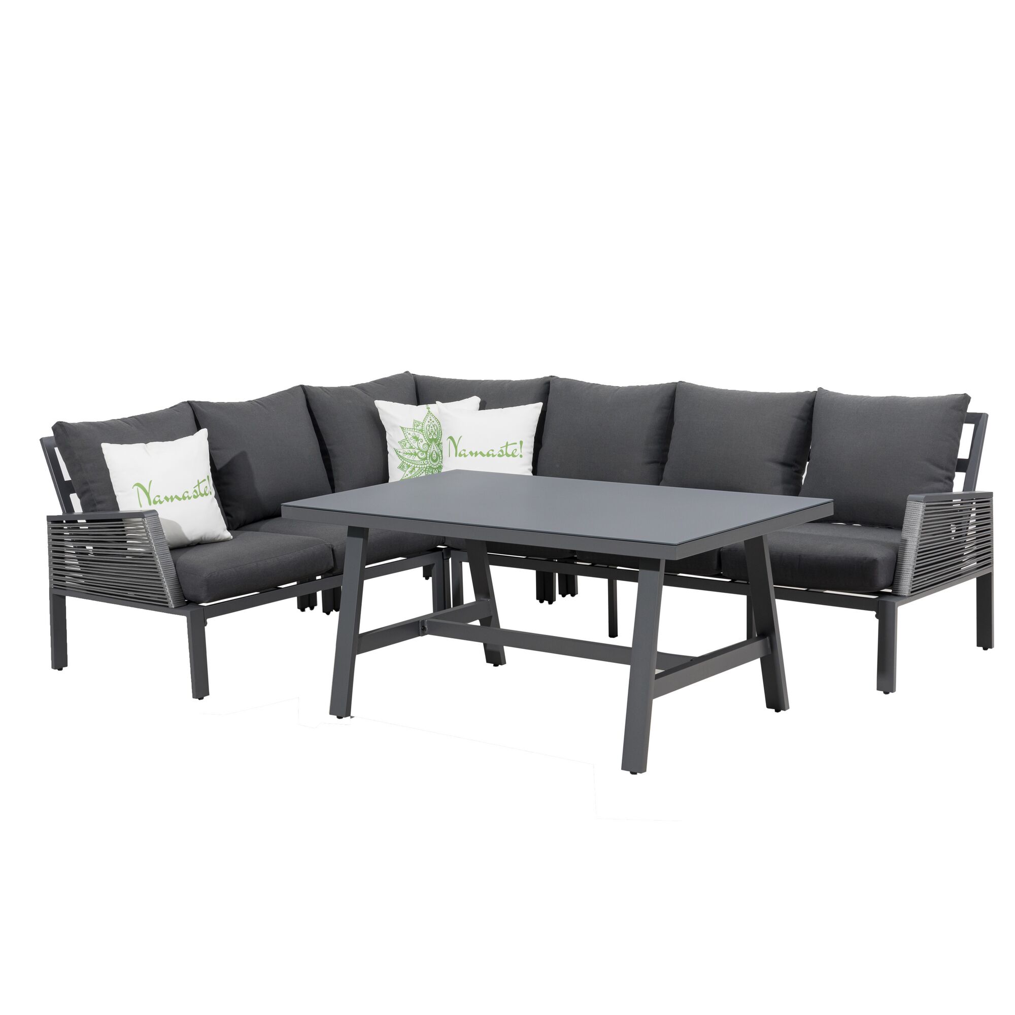 Graue Garten-Ecklounge mit Tisch und Kissen.