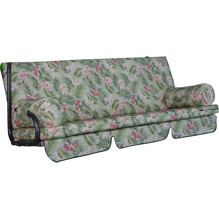 Geflochtene Hollywoodschaukel mit grün-rosa Blumenmuster