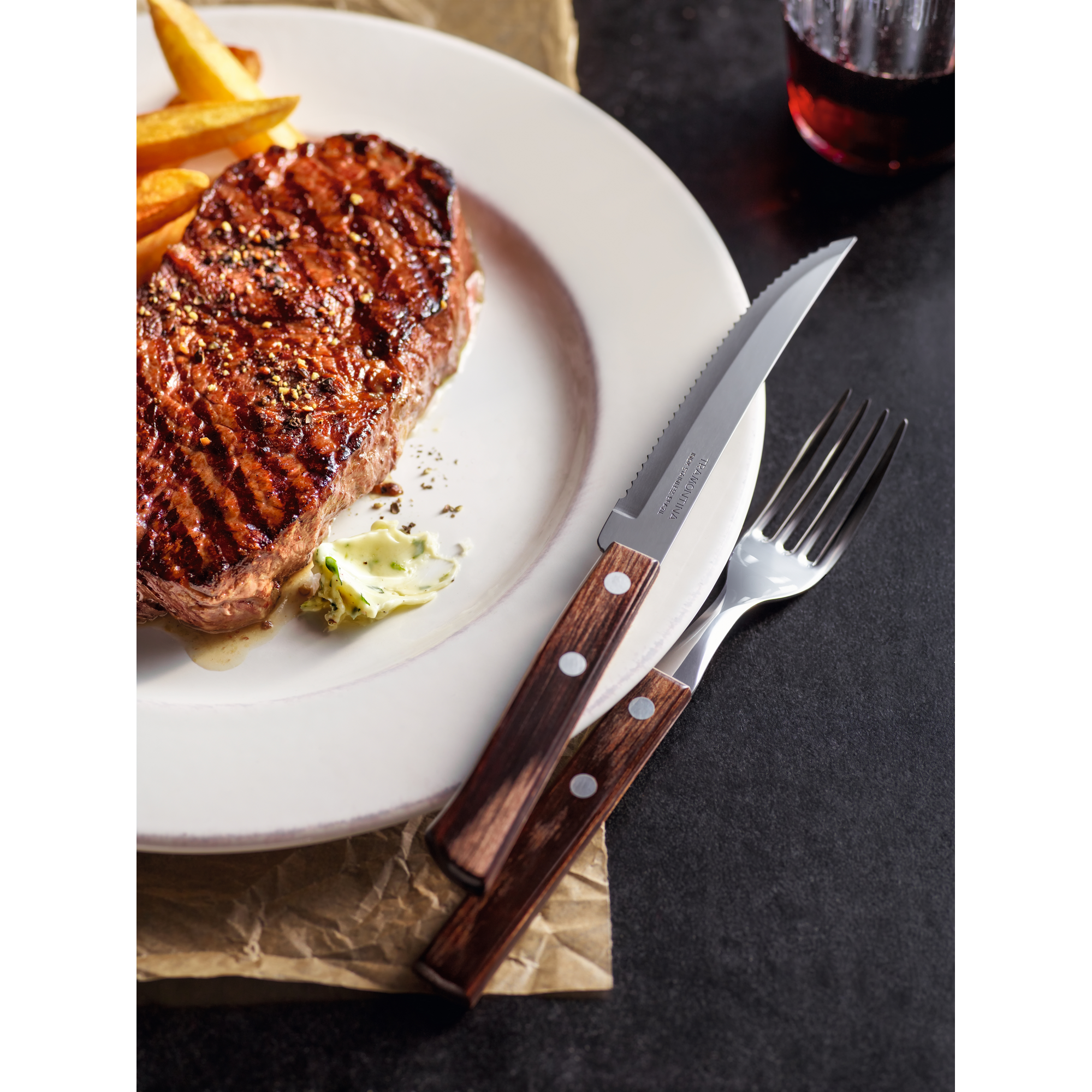 Steak- und Pizzagabel aus rostfreiem Edelstahl, mit Holzgriff 21 cm + product picture
