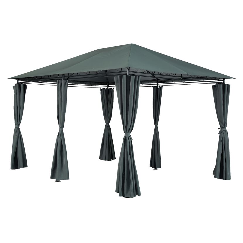 Gartenpavillon mit dunkelgrünem Dach und Vorhängen